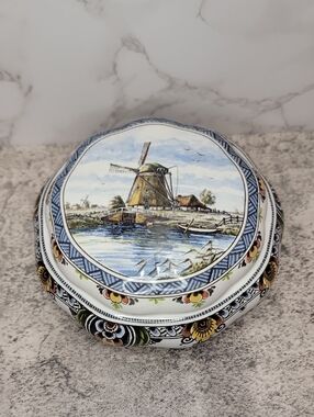Delfts colorful windmill covered trinket box Holland
